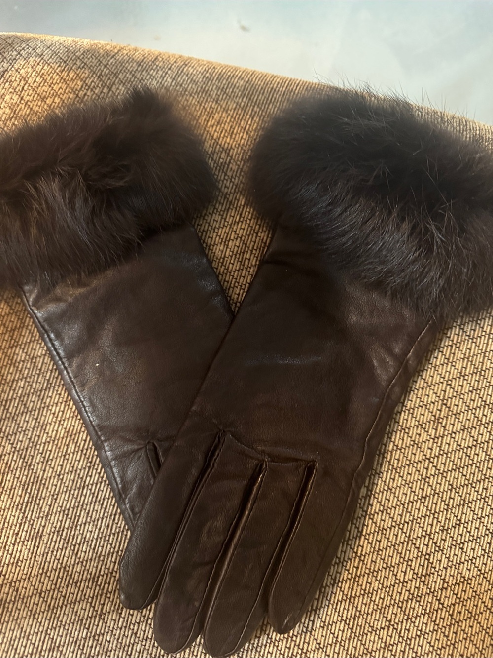 Long Brown Leather Gloves with Fur Cuffs